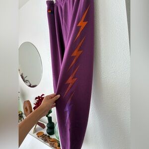 Aviator Nation Purple Track Pants with Orange Lightning Bolt